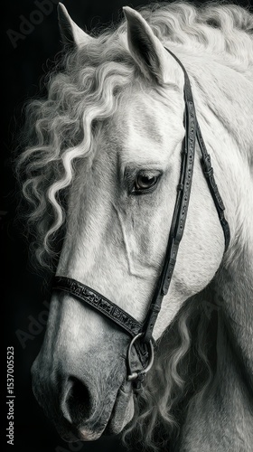 White horse with curly mane showcases elegance and beauty against a dark background