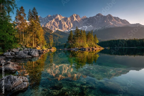 Stunning sunrise reflections at eibsee lake highlighting zugspitze mountains in bavarian alps. Perfect scenery for travel lovers seeking breathtaking nature shots in germany