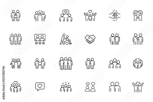 Friendship and relationship line icon set, vector collection of symbols for teamwork, community, people group, support, and communication