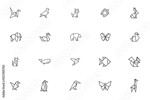 Origami animal icon set, geometric polygonal line art collection of wild animals, minimalist vector for creative design