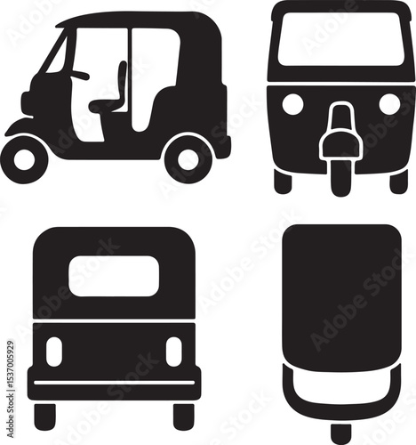 motor rickshaw silhouette icons set side, front, back, and top views vector art illustration