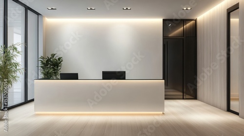 Modern, minimalist reception area with bright lights and simple desk in neutral tones