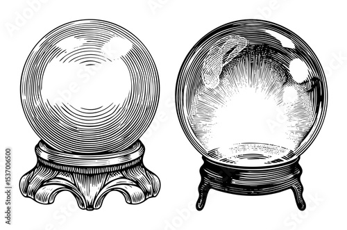 Vector Two ornate crystal spheres rest on decorative stands showcasing detailed engraving.