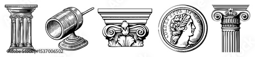 Vector Detailed illustrations of five classical architectural column capitals.