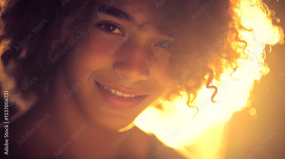 Fototapeta premium Warm Golden Light Portrait Young Person Curly Hair