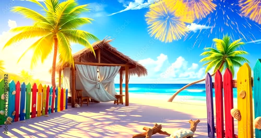 A hot summer noon coastal scene with colorful fences, shady hut, and gold fireworks
