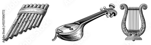Vector Vintage musical instruments including panpipes a lute and a lyre are displayed as detailed illustrations.