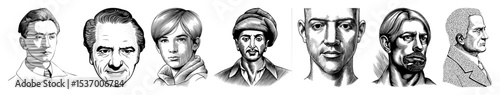 Vector Collection of detailed portrait illustrations depicting diverse male faces.