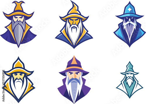 Six Stylish Wizard Logos Perfect for Branding Fantasy Games or Mystical Businesses.  These scalable designs feature variations in color and style for versatile use.