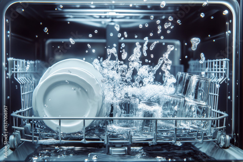 A dishwasher interior becomes a whimsical underwater dreamscape. Plates and glasses float weightlessly as diffused golden light and soapy mists create miniature rainbow reflections.