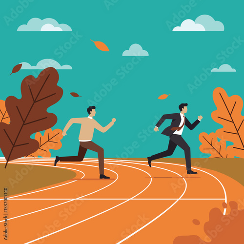Business competition, career growth concept, businessmen running race, success pursuit, autumn season, motivation, ambition, outdoor track race scene