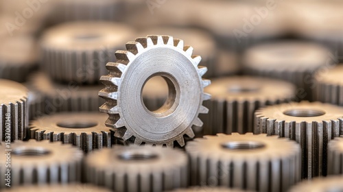 Metal gear surrounded by similar cogs in close-up view.