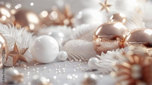 Horizontal slow motion video background with gold and white balloons, glitter, and festive sparkle — elegant celebration template for Christmas, New Year 2026 - 2027, or luxury events.