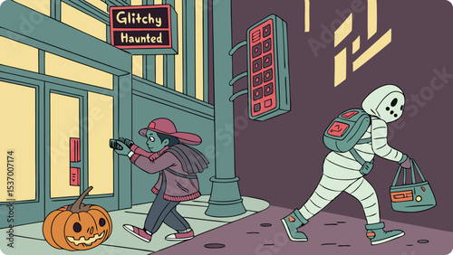 A girl photographs a mummy walking down a spooky city street at night near a haunted building