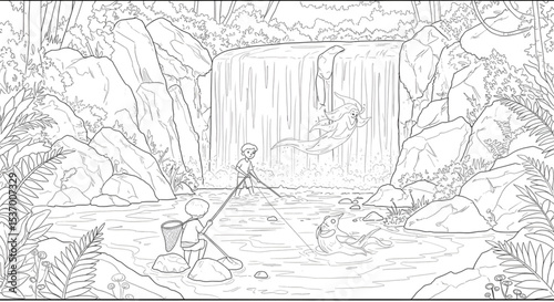 Serene Waterfall Fishing Scene Line Art Illustration