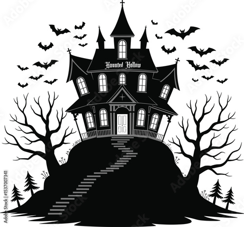 Haunted house on a hill with eerie trees, spooky bats flying, and steps leading up to the dark mansion for Halloween, spooky atmosphere, haunted mansion, black and white illustration