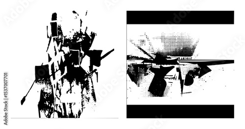Vector Abstract sniper with halftone shading and geometric shapes.