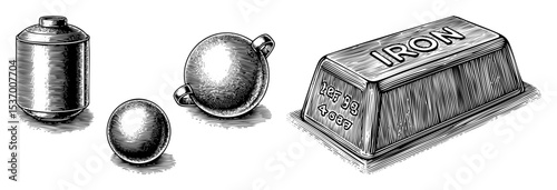 Vector Metallic objects including a cylinder teapot and iron ingot are presented as vintage-style illustrations.