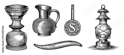 Vector Vintage collection featuring a goblet pitcher key lantern and pepper.