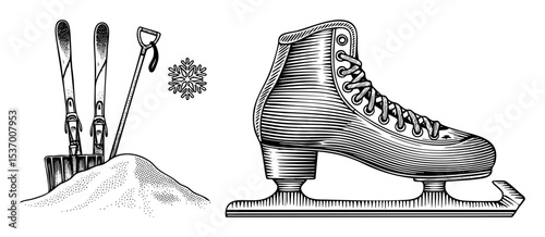 Vector Winter sports equipment including skis and a skate are illustrated in a vintage style.