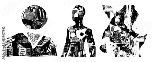 Vector Abstract figures composed of textured geometric shapes.