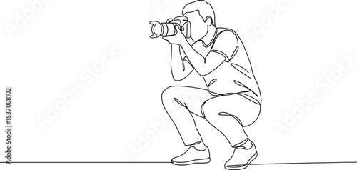 Photographer squatting with camera, minimal line art, professional photography sketch, continuous line drawing, male photo artist, creative shoot posture, modern illustration for media, stock content