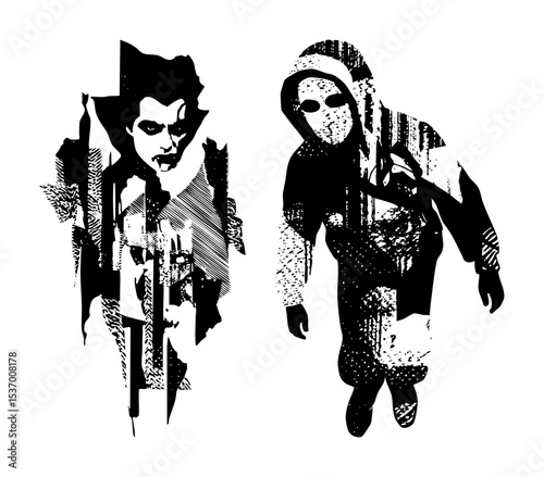 Vector Dramatic silhouettes of menacing figures a vampire and a hooded assailant rendered in bold style.