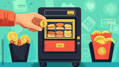 placing a coin into a vending machine slot with snacks inside, illustrating consumer spending choices [Coin]:[Hand].Financial management hand vending machine coin snack purchase illustration 