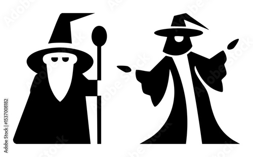Vector Stylized wizards with staffs engage in magical interaction.