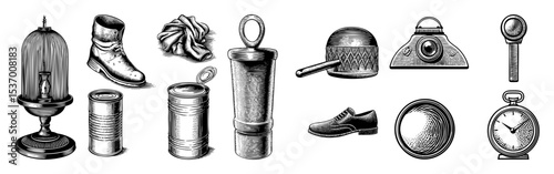 Vector Assortment of vintage objects and containers in engraved style.