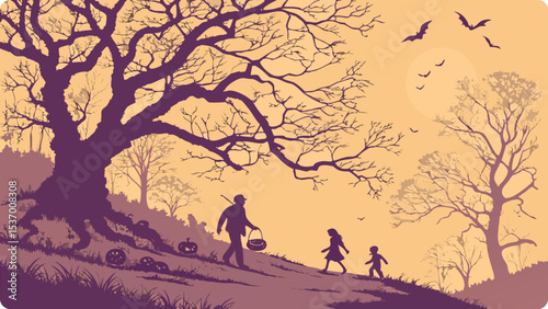 A family of three trickortreats on a path through a spooky forest at night