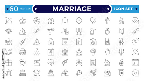 Marriage Outline Icon Set – Wedding, Love and Celebration Line Symbols. Bride, groom, lovers, wedding rings, wedding car, cake. Editable stroke outline icon.
