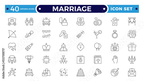 Marriage Outline Icon Set – Wedding, Love and Celebration Line Symbols. Bride, groom, lovers, wedding rings, wedding car, cake. Editable stroke outline icon.
