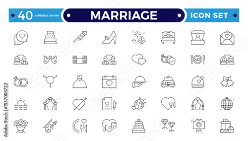 Marriage Outline Icon Set – Wedding, Love and Celebration Line Symbols. Bride, groom, lovers, wedding rings, wedding car, cake. Editable stroke outline icon.
