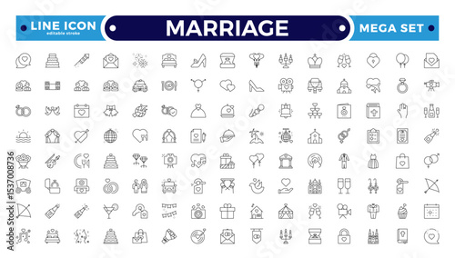 Marriage Outline Icon Set – Wedding, Love and Celebration Line Symbols. Bride, groom, lovers, wedding rings, wedding car, cake. Editable stroke outline icon.
