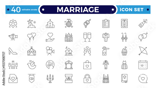 Marriage Outline Icon Set – Wedding, Love and Celebration Line Symbols. Bride, groom, lovers, wedding rings, wedding car, cake. Editable stroke outline icon.
