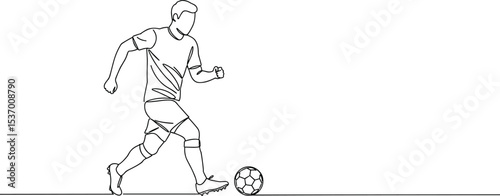 Soccer player kicking ball, continuous line drawing, minimal sketch, athlete in motion, football training, sports vector illustration, dynamic action pose, modern artwork, competitive sports figure