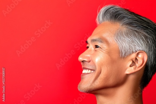 Wallpaper Mural Trendy men's hard part haircut - midlife southeast asian man with middle hair. Red solid background. Artwork of style for aging men. A joyful and radiant male expressing confidence. Torontodigital.ca