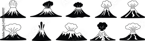 Set of Diverse Volcano Icons: Illustrating Various Stages of Eruption, Ash Clouds, and Lava Flow in a Bold Black and White Design for Geological Concepts and Natural Disasters
