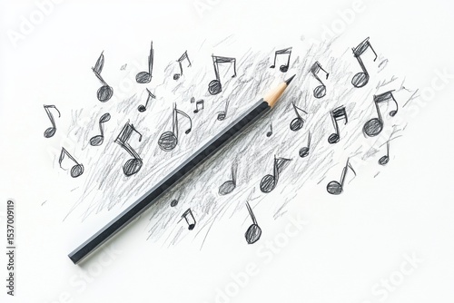 Black pencil lying beside hand-drawn musical notes on white background representing creativity, art, music, and artistic expression in a minimalist style