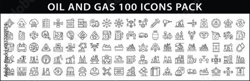 Oil and Gas Industry Line Icon Set - Vector line icon pack featuring 100 oil and gas industry-related symbols, ideal for infographics, UI design, and energy presentations.