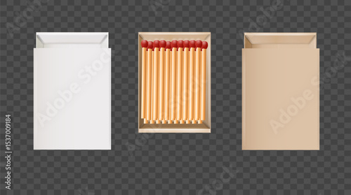 Matchbox, empty package for match sticks in top and perspective view. Realistic mockup of 3d blank box. Stages of burning the match. Symbol of ignition burning. Vector