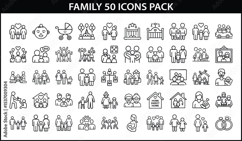 Obraz premium Family Life Icons Set for Parenting and Relationships - Vector line icon pack with 50 family-themed illustrations, including parents, children, love, home, relationships, pregnancy, and grandparents.