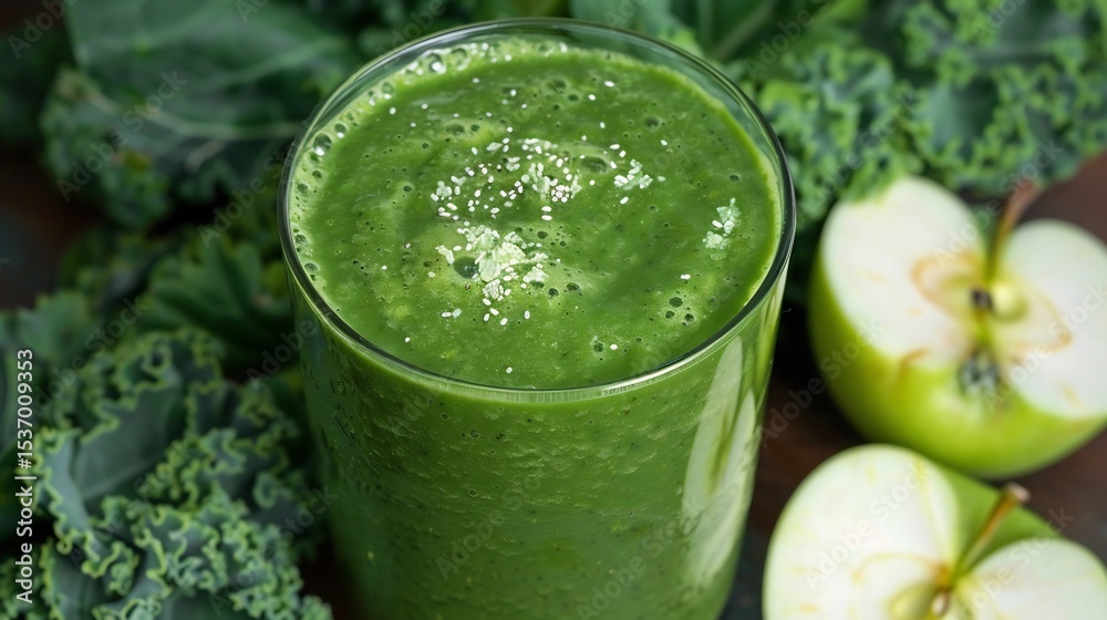 Fototapeta premium Fresh green smoothie with spinach kale and apple white background vegan detox drink