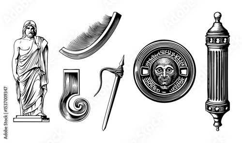 Vector Ancient artifacts featuring a statue shield and decorative elements.