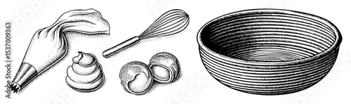 Vector Baking tools featuring a piping bag whisk and mixing bowl.