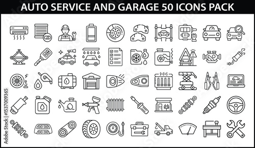 Auto Service and Garage Icons for Vehicle Maintenance - Vector line icon pack of 50 auto service and garage-related illustrations including tools, repairs, fluids, diagnostics, parts, and mechanics.
