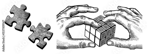Vector Hands manipulate a cube puzzle with missing pieces.
