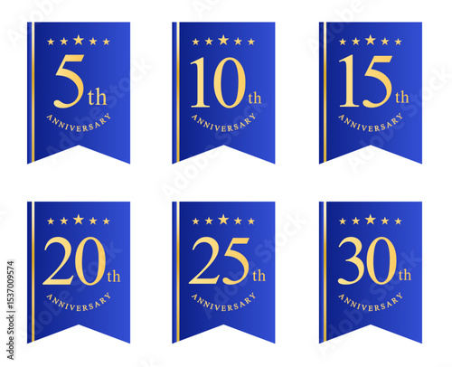 5周年・10周年・15周年・20周年・25周年・30周年のアニバーサリーロゴ(anniversarry logo エンブレム 月桂樹 お祝い ベクター 編集可能 シンプル 青リボン)	
