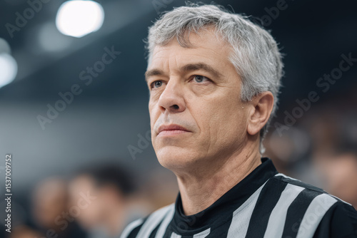portrait of experienced arm wrestling referee strict seriousness and focus